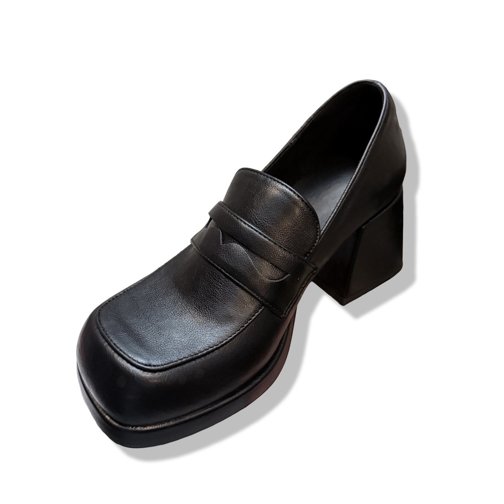 NIB Womens Black Platform Chunky Heel Loafer Shoes Square Toe Retro Style Sz 5 - Picture 5 of 13